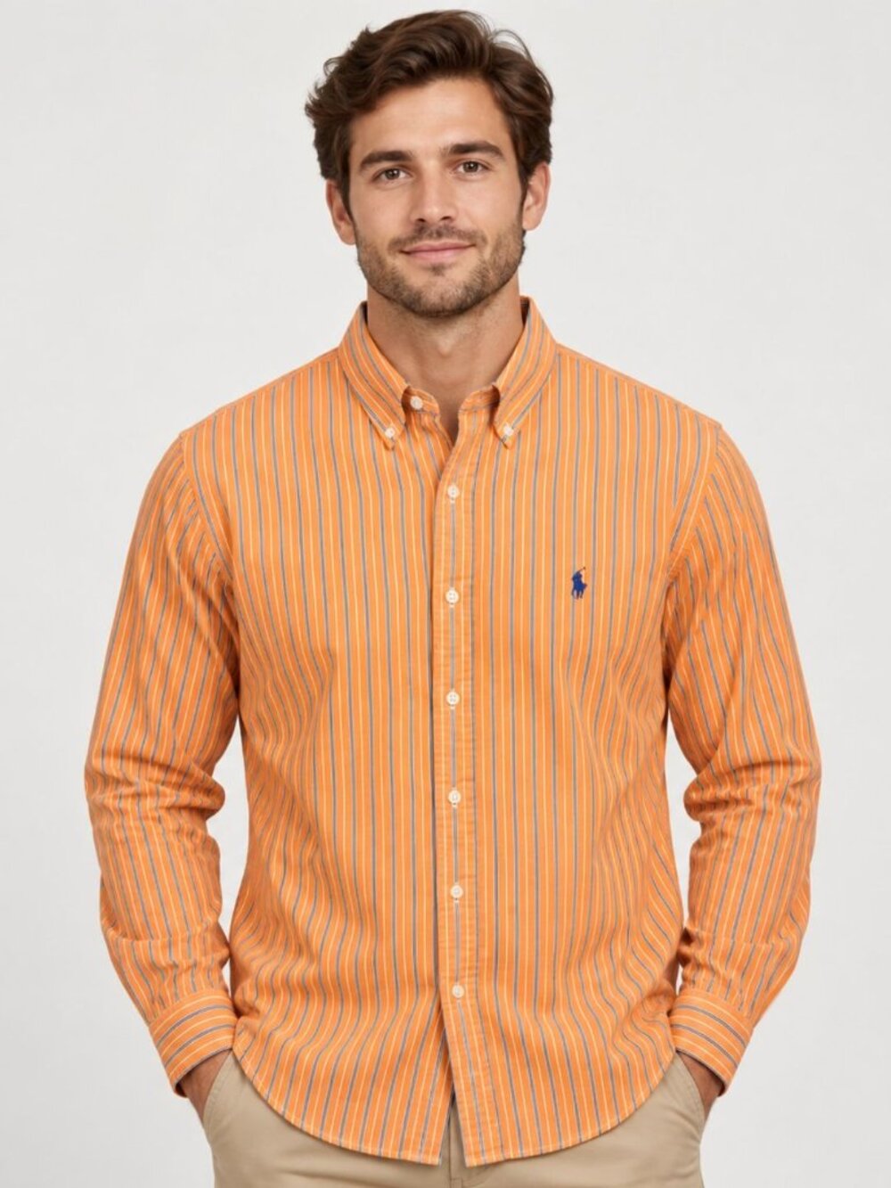Ralph Lauren Mens Shirt Custom Fit Button Down Orange Stripe Long Sleeve Size XL